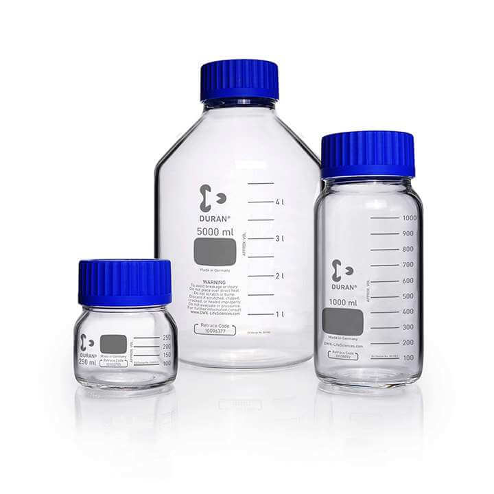 Chai trung tính cổ rộng GLS 80, kèm nắp xanh, vòng đệm xanh - Duran